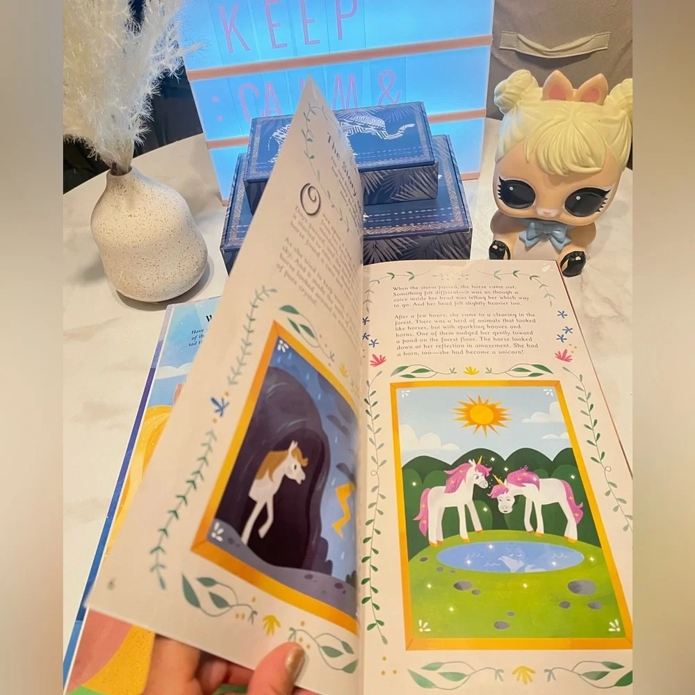 Build the Unicorn Kids Building Set, reading book, and Lear